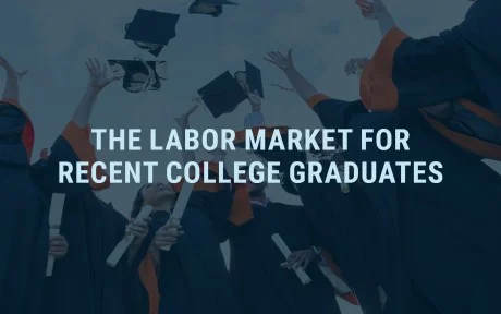 Photo: The Labor Market for Recent College Graduates text overlay image of college students throwing their caps in the air with diplomas in hand