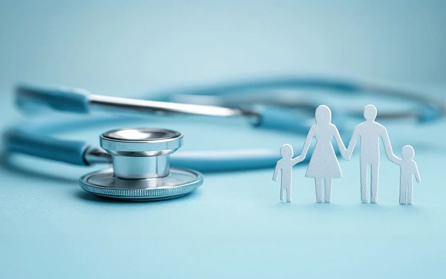 Photo: light blue background, with a stethoscope and white paper image of family standing up.