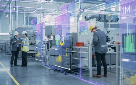 Photo: Factory Digitalization: Two Industrial Engineers Use Tablet Computer, Big Data Statistics Visualization, Optimization of High-Tech Electronics Facility. Industry 4.0 Machinery Manufacturing Products