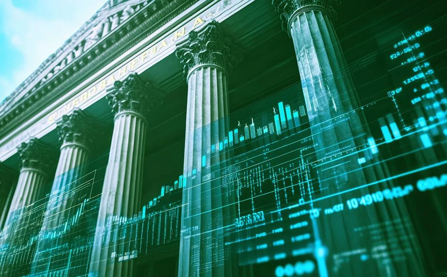 Financial stability: A classic bank building with columns, financial symbols, and charts, showcasing the reliability and trustworthiness of a bank