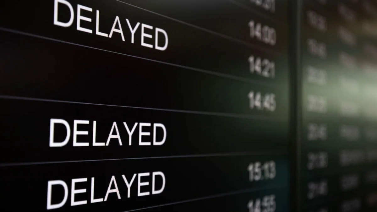 A digital flight board is showing delayed arrival flights at Sofia Airport in Sofia, Bulgaria