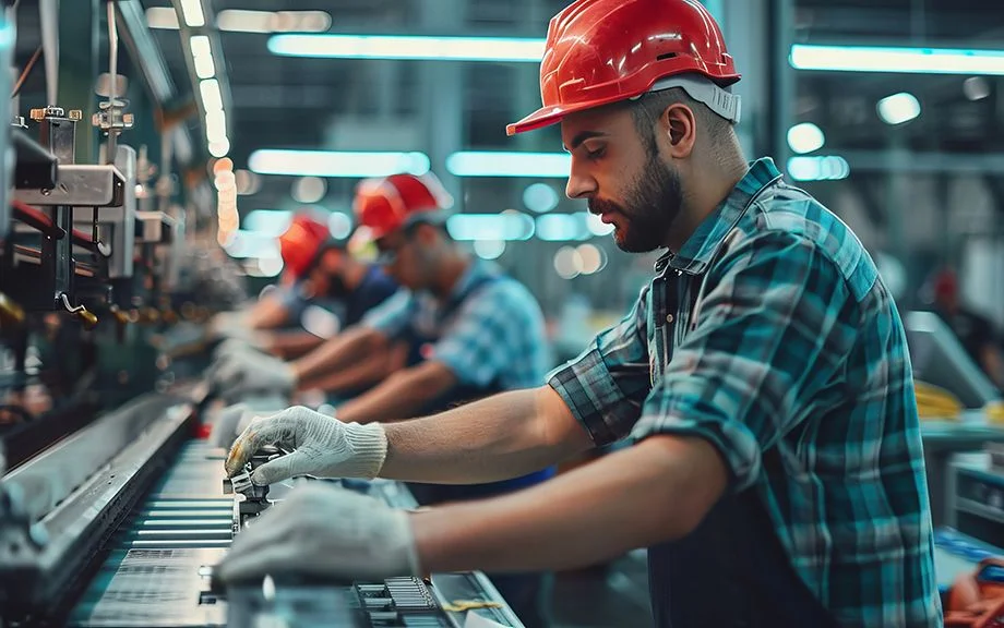 Assembly line workers adjusting machinery settings