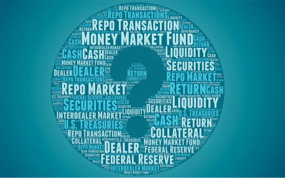 Illustration of a tag cloud in a circle with a large question mark. Some of the words are Federal Reserve, Dealer, Money Market Fund, Cash, Repo Market, Securities.