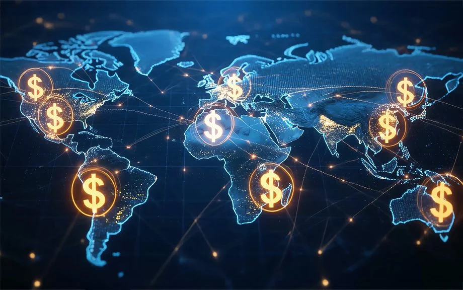 Decorative image of flattened globe with dollar signs