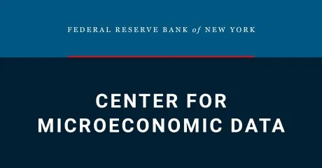 Decorative illustration with medium blue and dark blue panels reading Federal Reserve Bank of New York at the top on light blue panel; red horizontal rule under it. Followed by Center for Microeconomic Data on dark blue panel below.