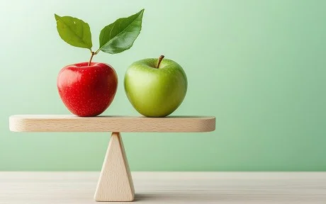 Photo of two apples on a seesaw that is horizontally stable; one is red with two bright green leaves sticking up off the stem; the other is a green apple with stem and no leaves. On a light green background.