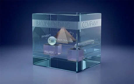 AI generated image of a glass square vessel with glass squares and pyramid inside with the words Bank Holding Company on the large vessel and insurer, fintech and broker-dealer on the small glass items inside it.