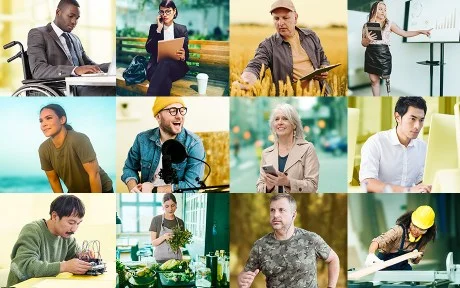 Decorative image: 12 tiled images of men and women in different occupations tinted yellow and green.