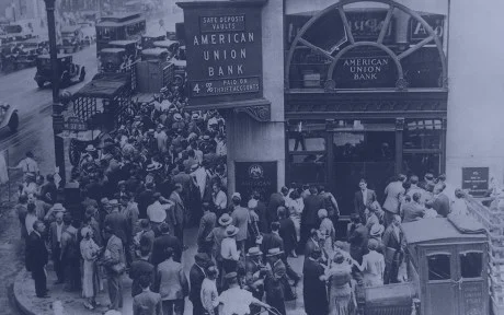 Black and white photo of a bank run on the American Union Bank which collapsed and went out of business on June 30, 1931.