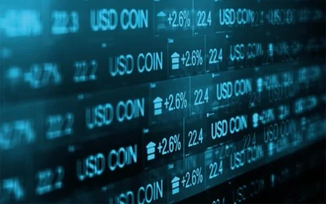 Photo of USD Coin price ticker with up arrows on +2.6% 22.4.